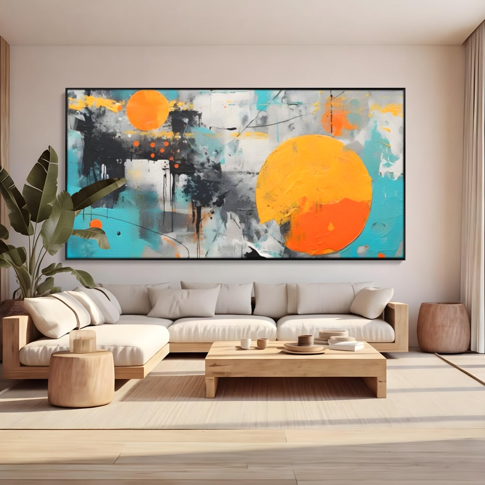 Tablou canvas cu tablou abstract cu discuri solare portocalii, in rama de aluminiu negru, pe perete intr-un living